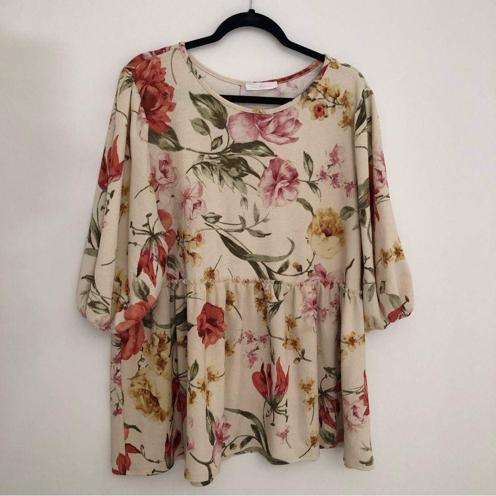 Ces Femme Cream Floral Top 3/4 Sleeves Balloon Sleeves Size 3X